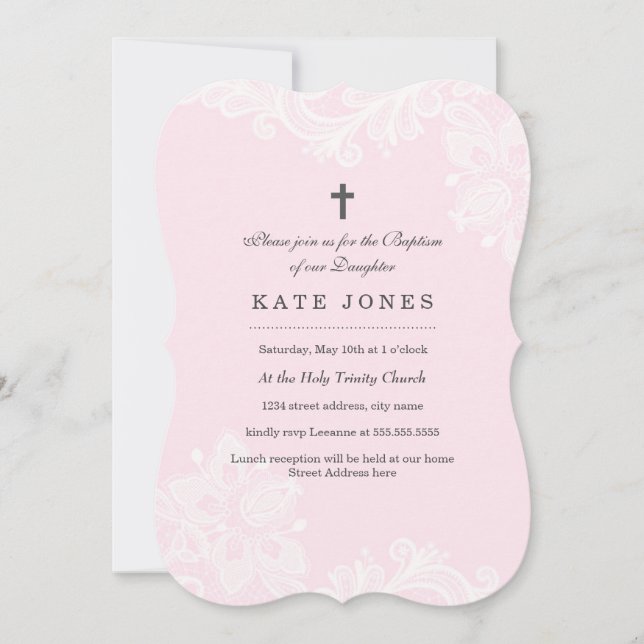 Elegante Invitación de Bautizo de Encaje Rosa Blan (Anverso)