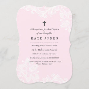 Elegante Invitación de Bautizo de Encaje Rosa Blan