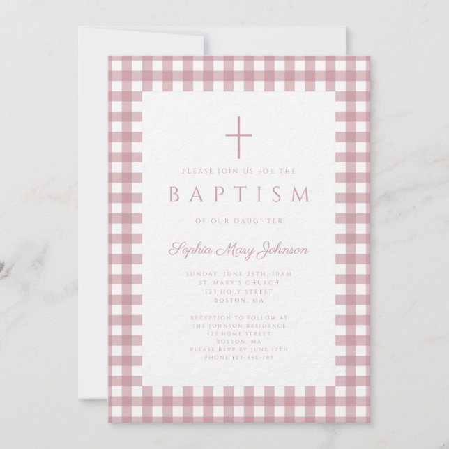 Elegante Invitación de Bautizo de Niña con Cuadros (Anverso)