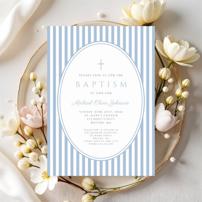 Elegante Invitación de Bautizo de Niño con Rayas A (Elegant Blue Stripes Boy Baptism Invitation)
