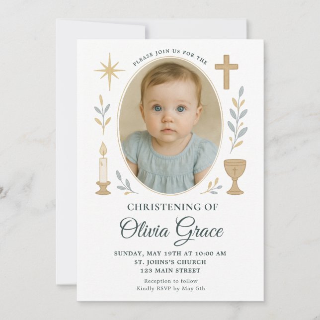 Elegante Invitación de Bautizo de Oro para Niña (Anverso)