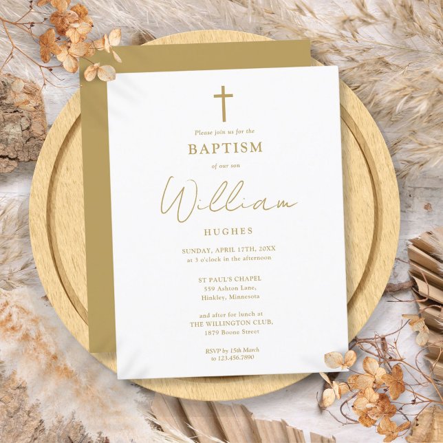 Elegante Invitación de Bautizo en Oro (Elegant Gold Baptism Christening Invitation Postcard)