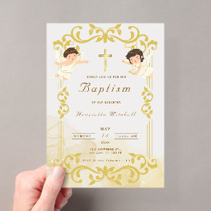 Elegante Invitación de Bautizo en Oro con Ángeles
