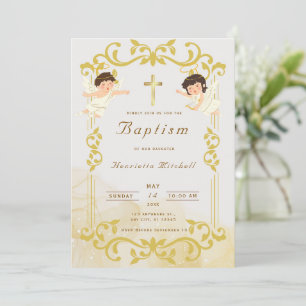 Elegante Invitación de Bautizo en Oro con Ángeles