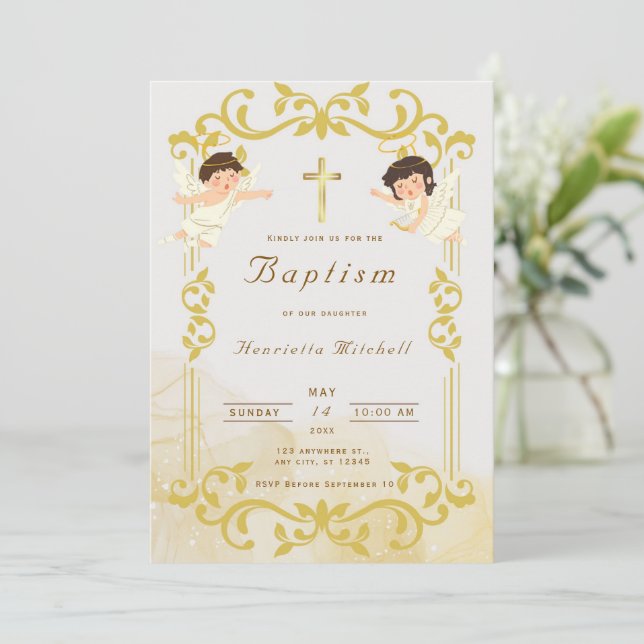 Elegante Invitación de Bautizo en Oro con Ángeles  (Anverso de pie)