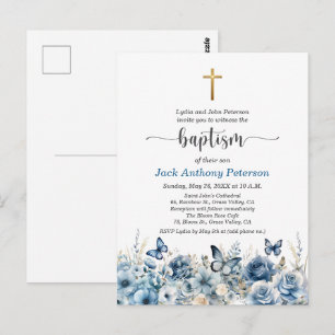 Elegante Invitación de Bautizo Floral Azul Cruz de
