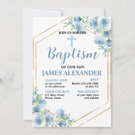 Elegante Invitación de Bautizo Floral Azul Pastel