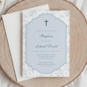 Elegante Invitación de Bautizo Floral Azul Vintage