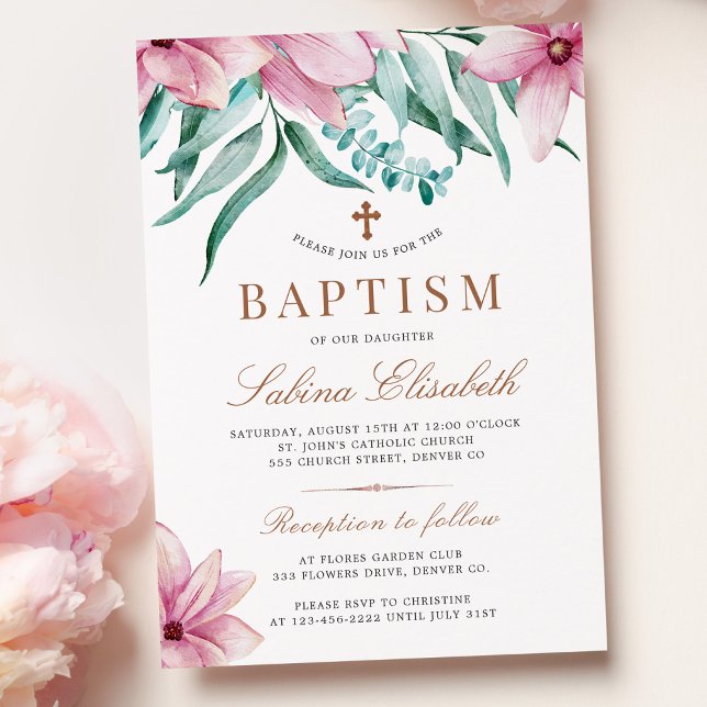 Elegante invitación de bautizo floral de acuarela  (Subido por el creador)