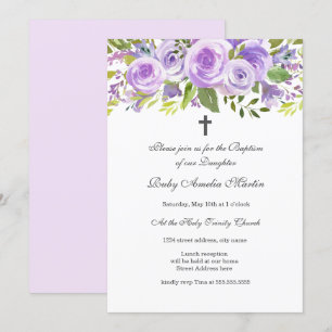 Elegante Invitación de Bautizo Floral Lavanda Rosa
