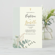 Elegante Invitación de Bautizo Verde Salvia y Euca