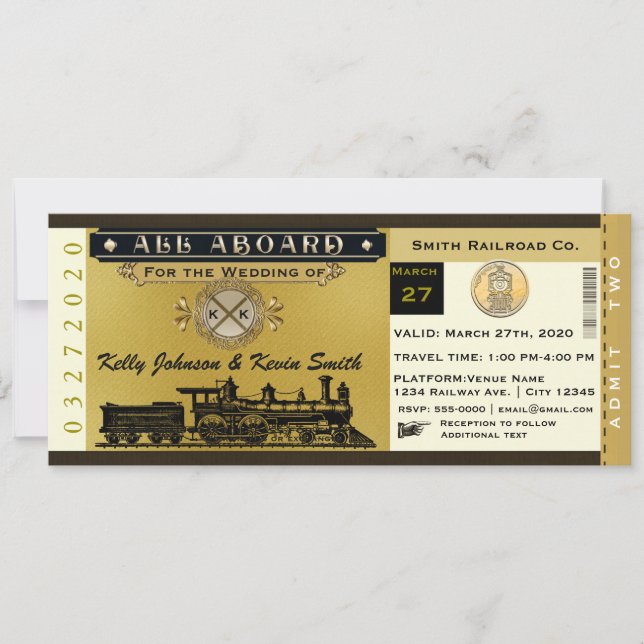 Elegante invitación de billete de tren de boda vin (Anverso)