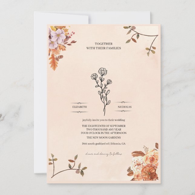 Elegante invitación de boda adornada con rosas (Anverso)