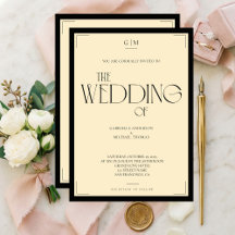 Elegante Invitación de Boda Art Déco en Negro y Cr