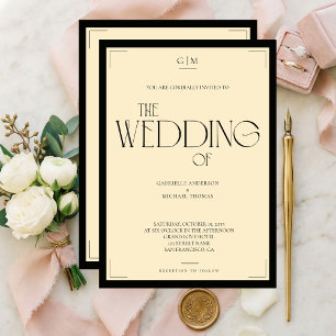 Elegante Invitación de Boda Art Déco Negra y Crema