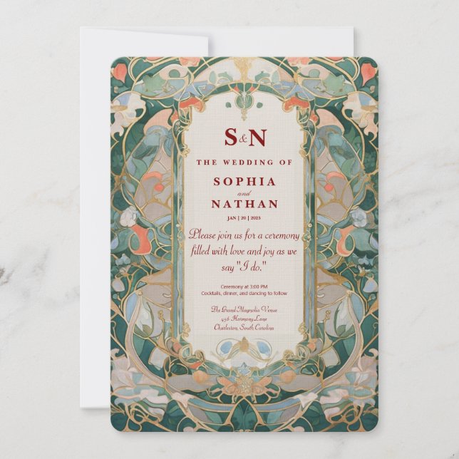 Elegante Invitación De Boda Art Nouveau Con Floral (Anverso)