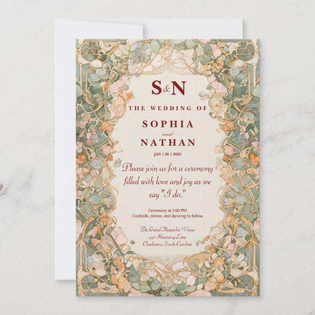 Elegante Invitación De Boda Art Nouveau Con Floral (Anverso)