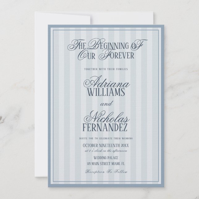 Elegante Invitación de Boda Azul a Rayas (Anverso)