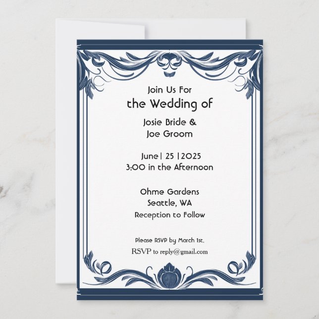 Elegante invitación de boda azul de estilo victori (Anverso)
