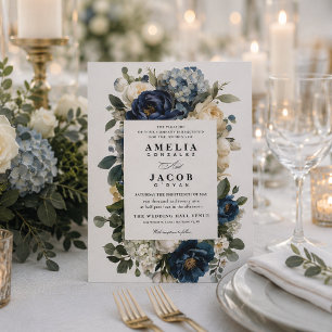 Elegante invitación de boda azul marino floral y p