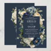 Elegante Invitación de Boda Azul Marino Floral y P