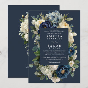 Elegante Invitación de Boda Azul Marino Floral y P