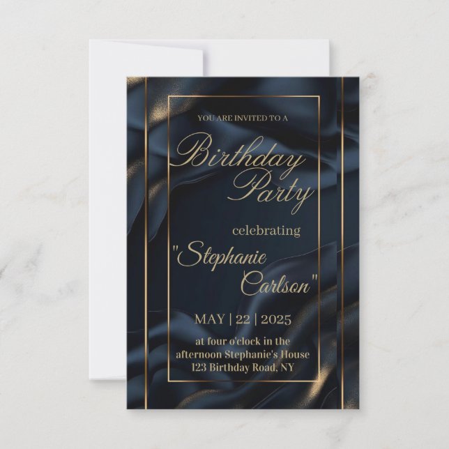Elegante Invitación de Boda Azul Marino y Dorado (Anverso)