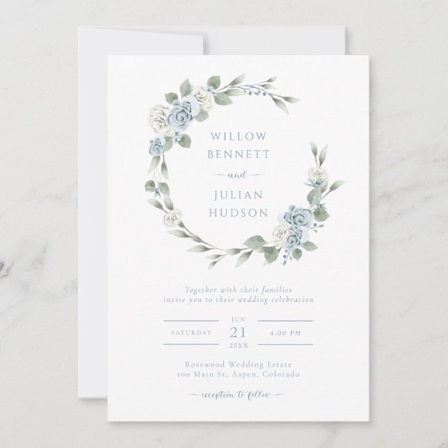Elegante Invitación de Boda Azul Polvoriento (Anverso)
