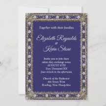 Elegante invitación de boda azul real y dorada
