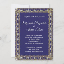 Elegante invitación de boda azul real y dorada