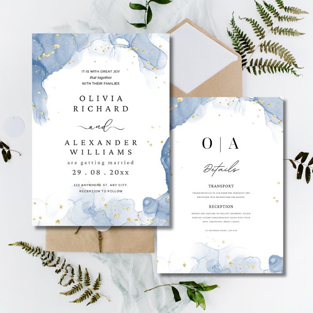 Elegante Invitación de Boda Azul y Dorado Minimali (Subido por el creador)