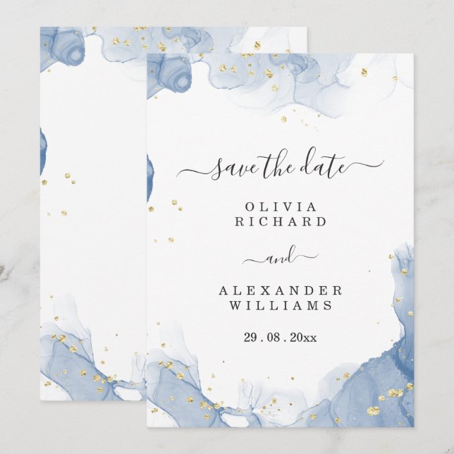 Elegante Invitación de Boda Azul y Dorado Minimali (Anverso / Reverso)