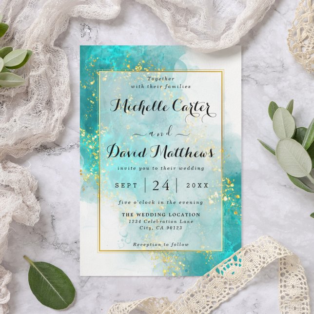 Elegante Invitación De Boda Azul Y Oro (Subido por el creador)