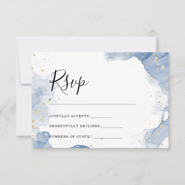 Elegante Invitación de Boda Azul y Oro Mínimo (Anverso)