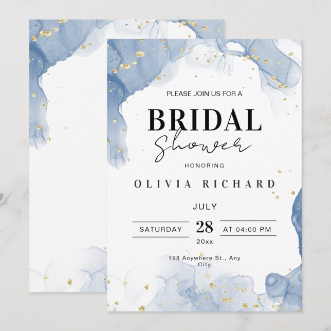 Elegante Invitación de Boda Azul y Oro Mínimo (Anverso / Reverso)