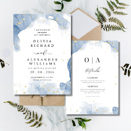 Elegante Invitación de Boda Azul y Oro Mínimo