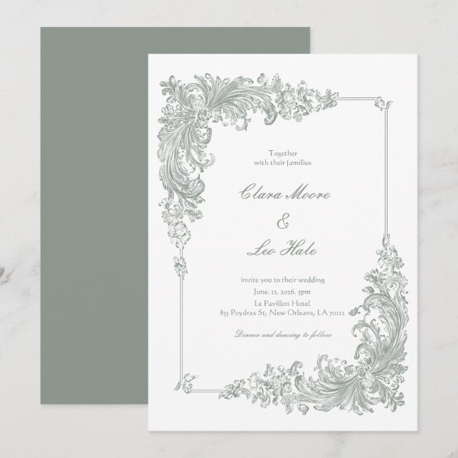 Elegante Invitación de Boda Barroca Verde Salvia (Anverso / Reverso)