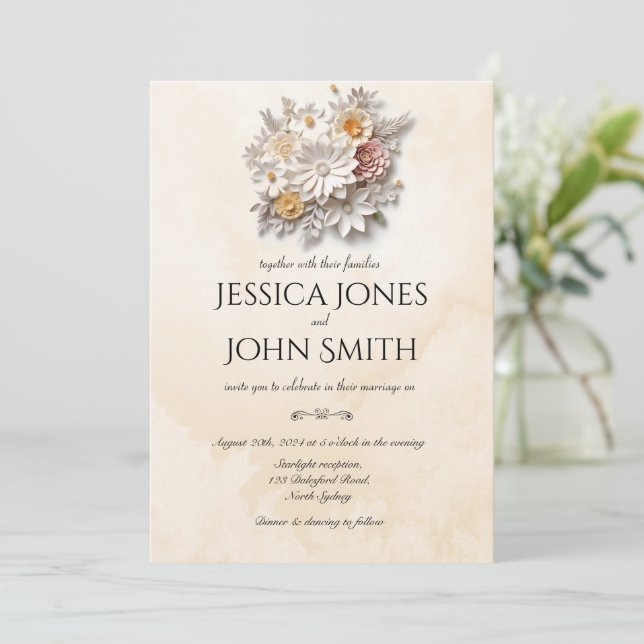 Elegante invitación de boda blanca 3D floral mínim (Anverso de pie)
