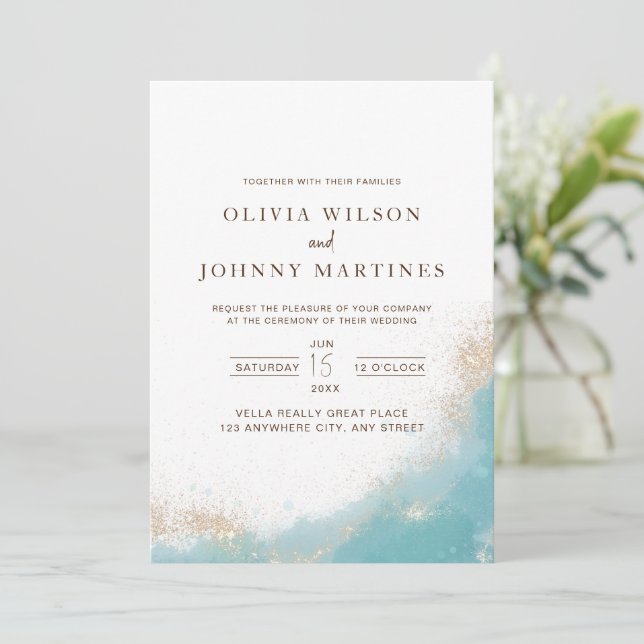 Elegante Invitación De Boda Boda Azul Y Oro (Anverso de pie)