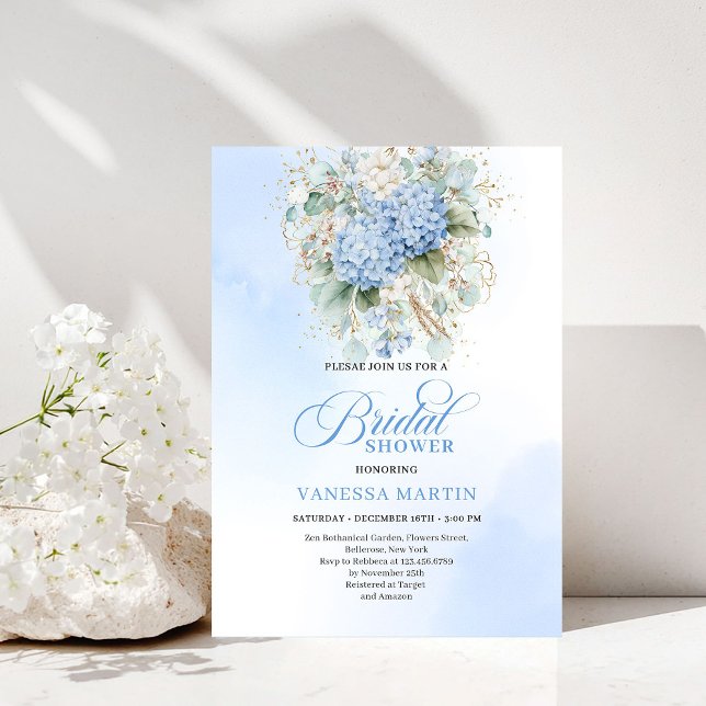 Elegante Invitación de Boda Boho Azul con Hortensi (Elegant Boho Blue Hydrangea Gold Bridal Invitation)