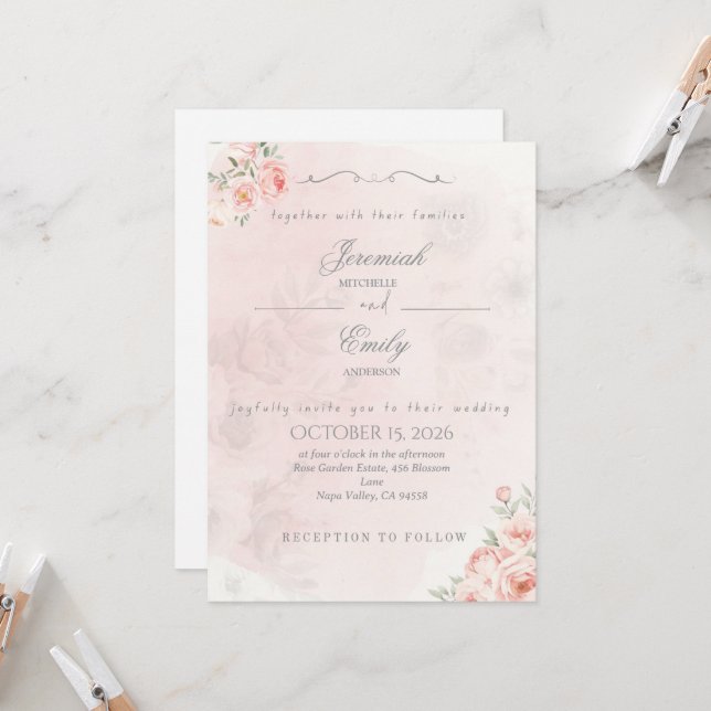 Elegante Invitación de Boda Boho Lindo Rosa Polvor (Anverso/Reverso In Situ)