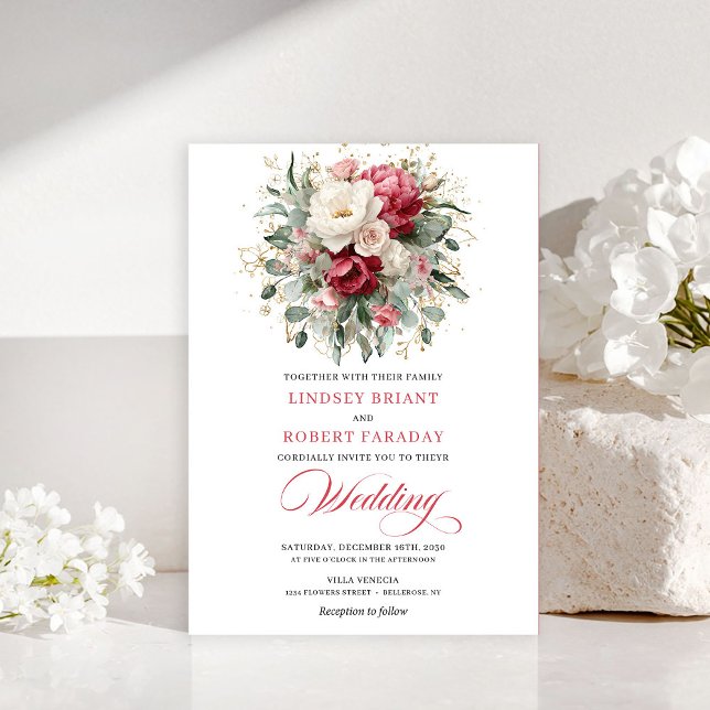 Elegante Invitación de Boda Boho Rojo Blanco Verde (Elegant Boho Red White Greenery Wedding Invitation)