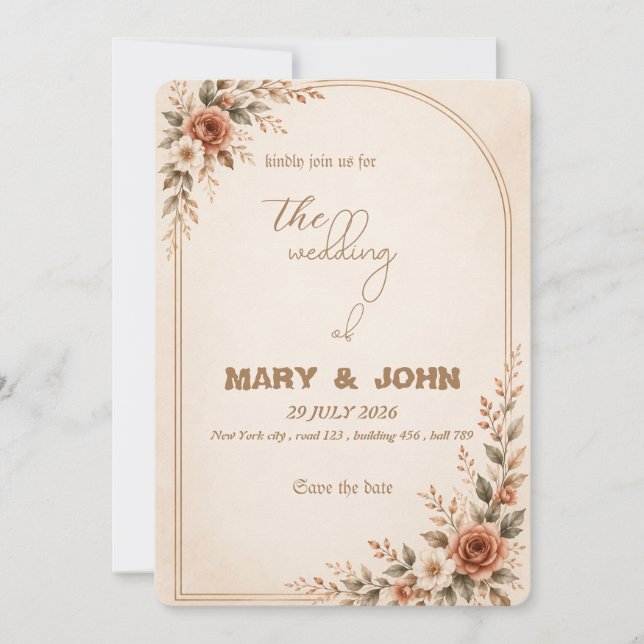 Elegante invitación de boda boho rústica de terrac (Anverso)