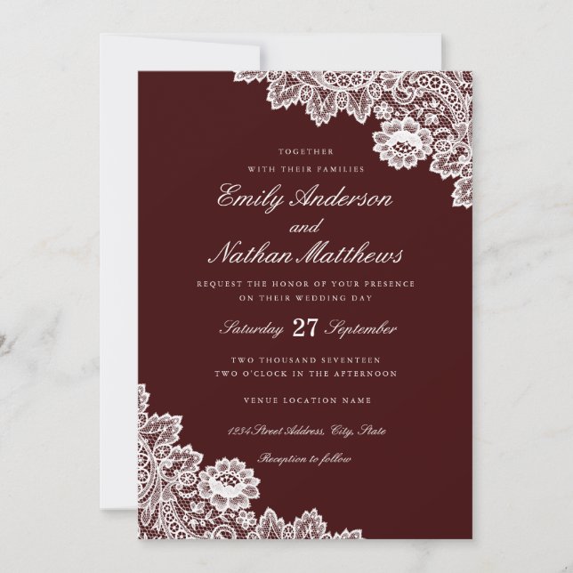 Elegante Invitación de Boda Borgoña con Encaje Bla (Anverso)