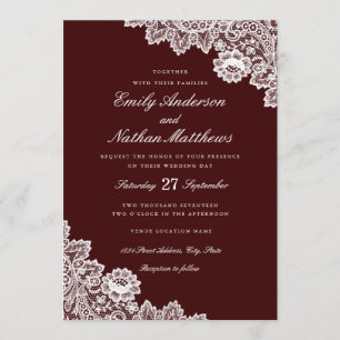 Elegante Invitación de Boda Borgoña con Encaje Bla