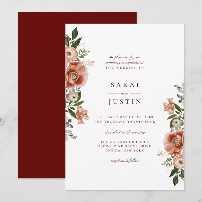 Elegante Invitación de Boda Botánica de Otoño (Anverso / Reverso)