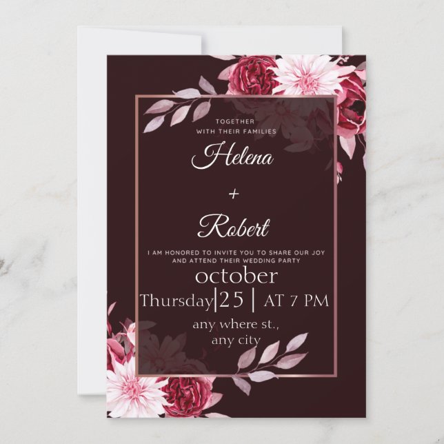  elegante invitación de boda botánico rústico en m (Anverso)