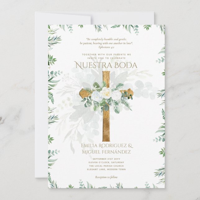 Elegante Invitación De Boda Católica Bilingüe Inv (Anverso)