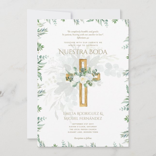 Elegante Invitación De Boda Católica Bilingüe Invi (Anverso)