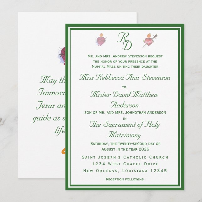 Elegante Invitación de Boda Católica de Dos Corazo (Anverso / Reverso)